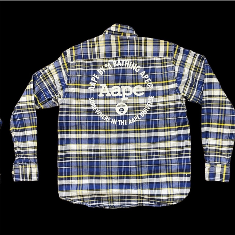 Bape Aape Blue White Yellow Plaid Button-Down Shirt